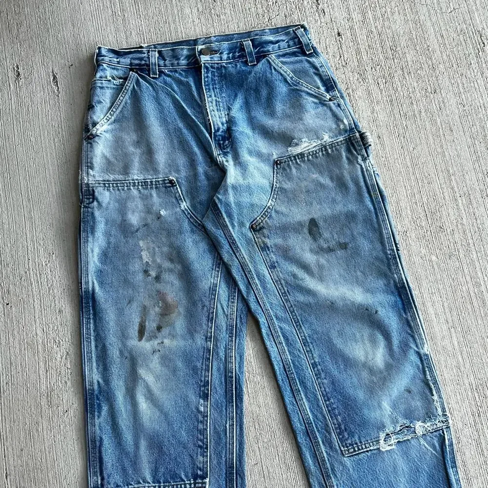 Carhartt faded denim blue jean double knee work wear carpenter pants